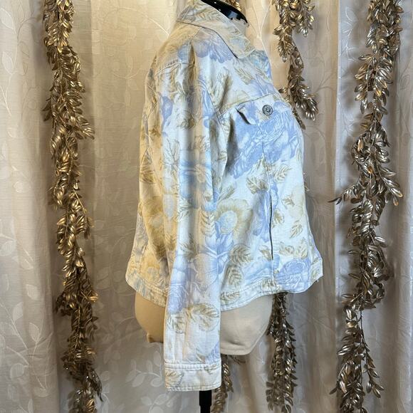Bill Blass 1X Floral Linen Jacket Women Beige‎ Blue Button Down Y2K Boho - Picture 5 of 14